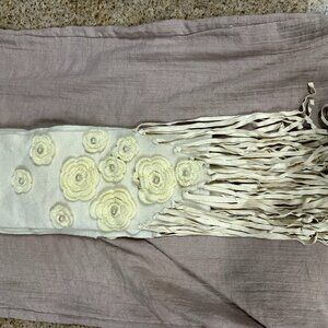 NEW, AS IS 100% BEIGE WOOL LONG SCARF WITH FLOWER APPLIQUES AND FRINGE